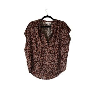Amour Vert Renata Leopard Print Silk Blouse Cap Sleeve Split-Neck Blouse Sz S